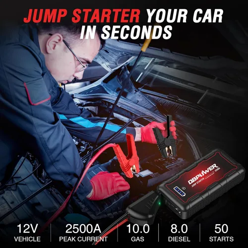 Vista 2 de DBPOWER Arrancador de auto portátil 2500A pico 74Wh (motores de hasta 10L de gasolina/8L de diésel) 12V paquete de batería portátil con cables
