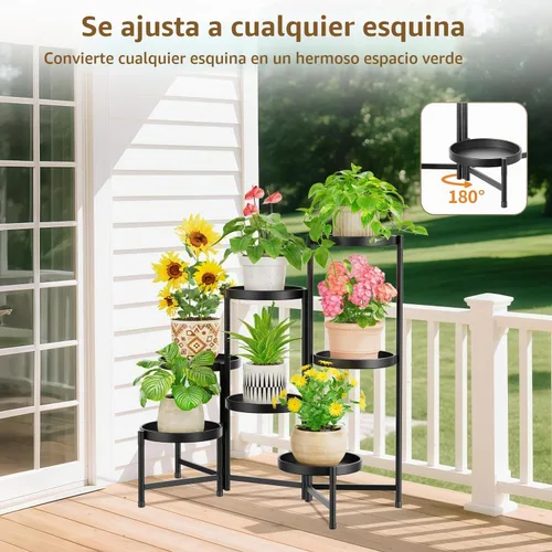 Vista 4 de LASZOLA Soporte plegable para plantas de interior de 7 niveles para múltiples macetas grandes, estante ajustable alto y resistente con bandeja de 10