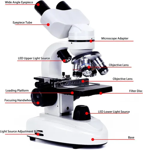 Vista 5 de Microscopio binocular compuesto 40X-5000X Aumento Rotación de 360 ° Sistema de iluminación ajustable Microscopios profesionales para pruebas