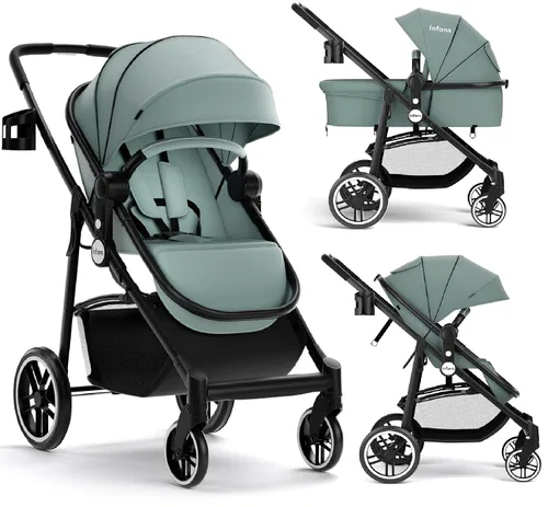 Vista 12 de INFANS Cochecito infantil 2 en 1, cochecito de bebé horizontal y cochecito de cuna reversible, cochecito plegable con toldo ajustable, cesta