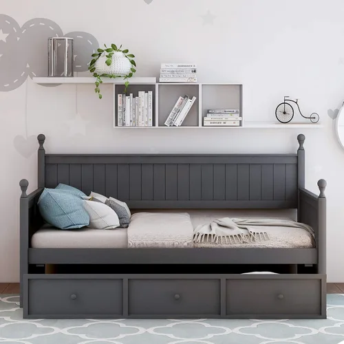 Vista 11 de Sofá cama de madera de diseño clásico, sofá cama, cama de plataforma, tamaño individual con salud y comodidad para dormitorio, estudio, sala