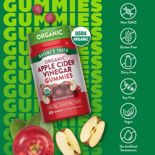 Vista 3 de Nature's Truth Gomitas orgánicas de vinagre de sidra de manzana 60 unidades Suplemento vegano, sin gluten y sin OMG USDA Orgánico Sabor a