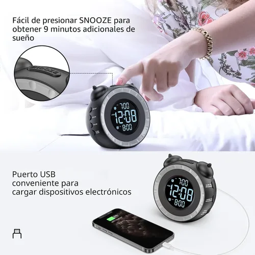 Vista 7 de uscce Reloj despertador fuerte dual con agitador de cama - Atenuador 0-100%, reloj despertador vibratorio para personas que duermen pesadas