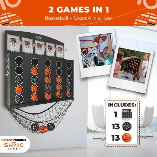 Vista 5 de SWOOC Games - Low Post Lineup™ Baloncesto Gigante Montado en la Pared 4 en Fila con Más de 5 Juegos Aro de Baloncesto para Juegos de Pared