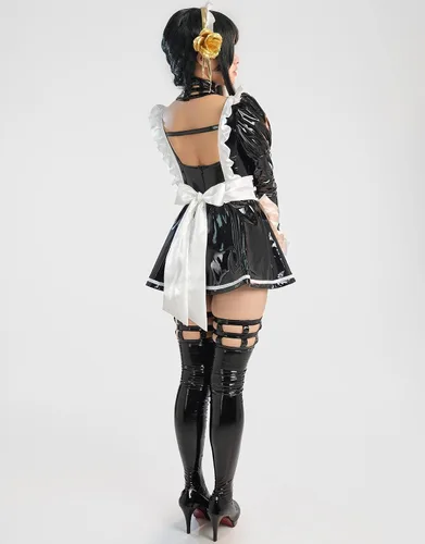Vista 5 de MEOWCOS - Vestido de sirvienta para mujer, diseño de anime, cosplay, delantal francés, delantal de sirvienta con diadema y calcetines en el muslo