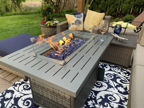 Vista 10 de Mesa de Fogata de Propano, 44 Pulgadas 55000 BTU Fogata de Gas Exterior Rectangular con Protector de Viento de Vidrio para Patio y Terraza Exterior