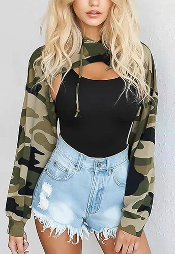 Vista 2 de BEJONS Sudadera corta con capucha de manga larga para mujer, estética, punk, hip hop, danza, sexy, rave
