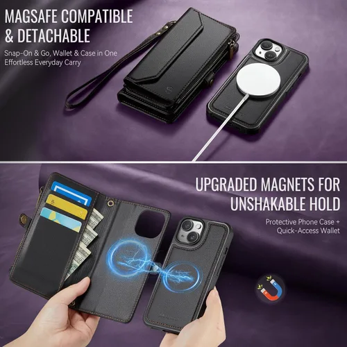 Vista 3 de Strapurs Funda tipo cartera desmontable para iPhone 15 compatible con Magsafe para mujer, bloqueo RFID, soporte para 9 tarjetas con cremallera