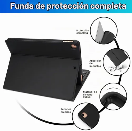 Vista 4 de LAMA Funda de teclado inalámbrico con mouse para iPad de 10.2" de 9ª, 8ª y 7ª generación, teclado Bluetooth desmontable con soporte para lápices