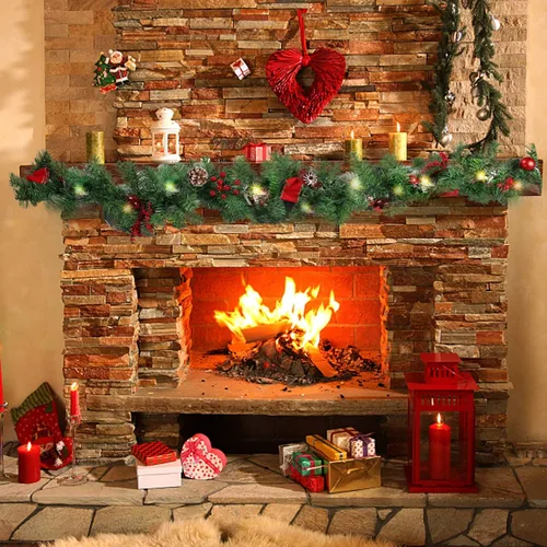Vista 6 de MorTime Guirnalda de Navidad LED de 9 pies con piñas, lazos de bayas rojas, bolas de Navidad, guirnalda de Navidad multifunción con 50 luces LED