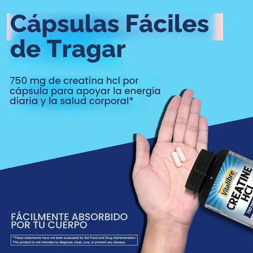 Vista 5 de Vitalibre Cápsula de creatina HCl, 750 mg de clorhidrato de creatina de alta absorción, resistencia, fuerza, absorción rápida, sin carga, sin