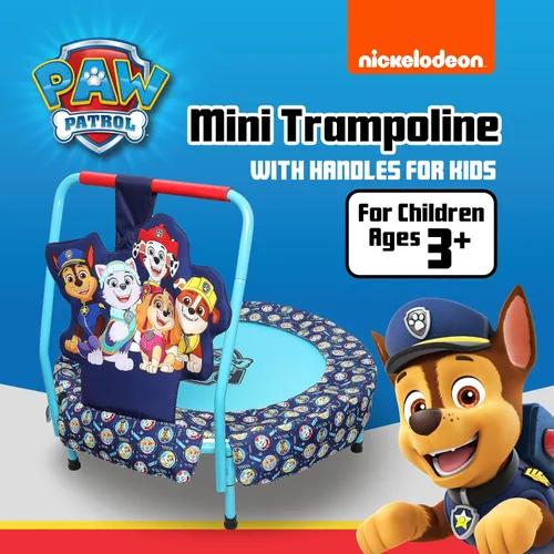 Vista 2 de Paw Patrol - Mini trampolín de interior con asa para niños pequeños, cuenta con Everest, Chase, Marshall, Skye y Rubble, Multi
