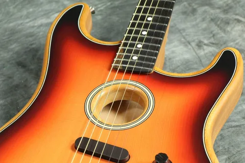 Vista 9 de Fender American Acoustasonic Stratocaster - Guitarra eléctrica acústica, 3 colores Sunburst, diapasón de ébano, con bolsa de concierto