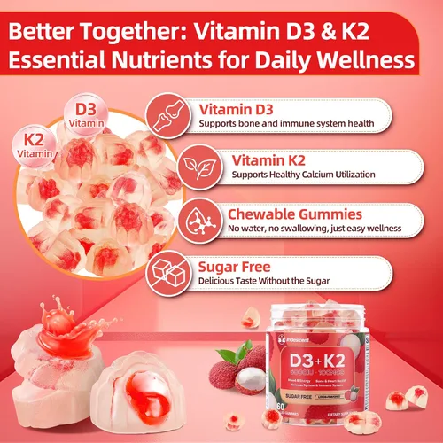 Vista 4 de Gomitas de vitamina D3 K2 con magnesio sin azúcar, 60 unidades Vitamina D3 5,000 UI + K2 (MK-7) 100 mcg - Suplemento de vitamina K2 D3 vegano
