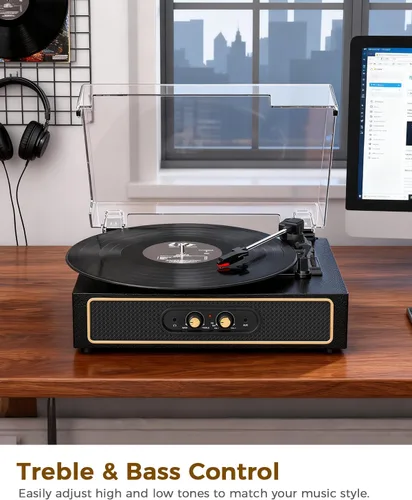 Vista 4 de Tocadiscos retro Bluetooth con altavoces integrados, tocadiscos de 3 velocidades por correa, control de graves y agudos, reproductor de vinilo Negro