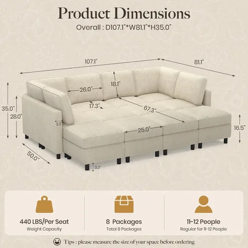 Vista 2 de Belffin - Sofá cama modular de 110.2 pulgadas, 12 asientos, color beige
