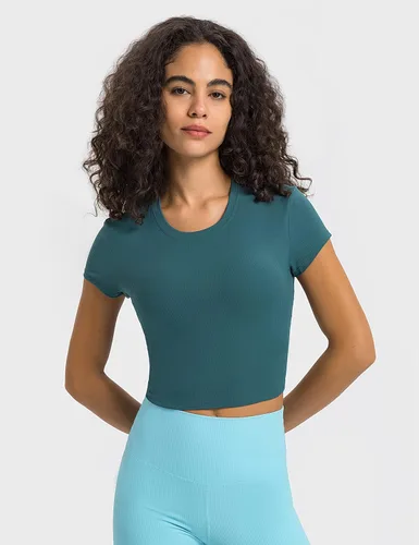 Vista 3 de ZHENWEI Camisetas de entrenamiento de manga corta para mujer, camisetas deportivas acanaladas con cuello redondo, camisetas atléticas para gimnasio