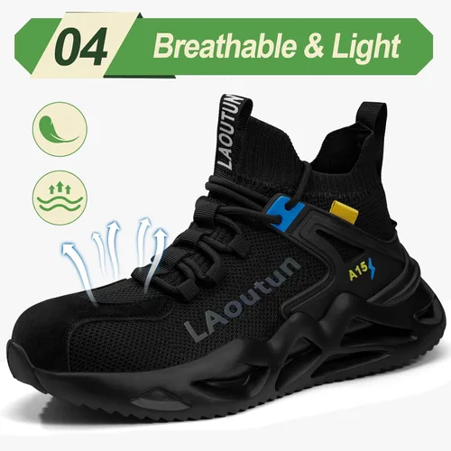 Vista 5 de LAoutun Zapatos con punta de acero para hombre, zapatos de trabajo, zapatos de seguridad, cómodos, ligeros, a prueba de pinchazos, zapatos
