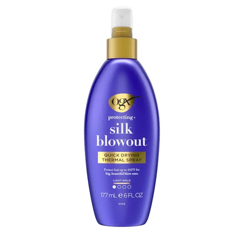 Vista 2 de OGX Protección + Silk Blowout Spray térmico de secado rápido, 6 fl oz (64052)