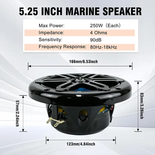 Vista 3 de Altavoces marinos Bluetooth de 5.25 pulgadas y 500 W con luces LED, 2 vías resistentes a la intemperie, perfectos para barcos, cuatrimotos, UTV Negro