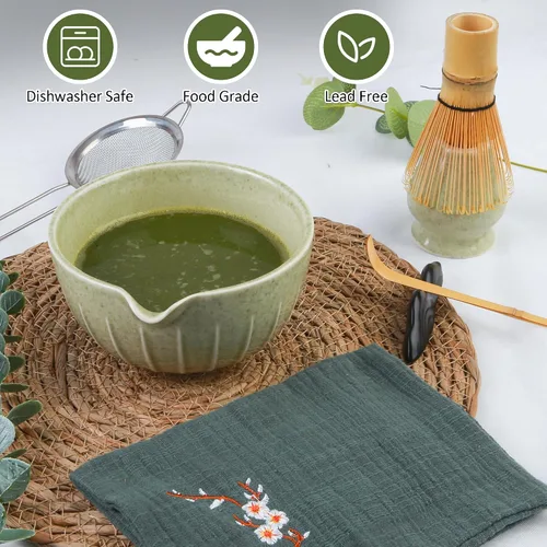 Vista 6 de Juego de tazón de matcha y batidor de té, colección de 7 piezas: cuenco de cerámica de 19 onzas, soporte para batidores, cuchara de bambú