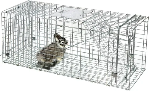 Vista 5 de Trampa de jaula para animales vivos ANT MARCH 32"x11.5"x13" de acero, jaula humanitaria de liberación de roedores con guantes para conejos, gato