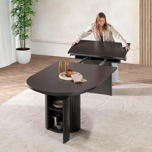 Vista 26 de Transformer Table - Mesa de comedor redonda extensible de madera maciza, mesa de comedor redonda extensible, muebles modernos que ahorran espacio