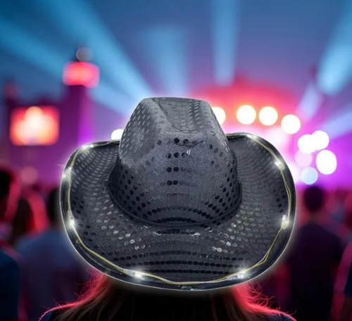 Vista 4 de Sombrero de vaquero con lentejuelas LED para fiesta de fiesta intermitente, fiesta de baile para cumpleaños, boda, festival, Halloween