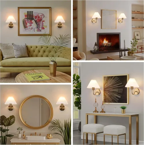 Vista 7 de Juego de 2 apliques de pared de latón cepillado con pantalla plisada blanca, lámpara de pared dorada de cuello de cisne para interiores, tocador