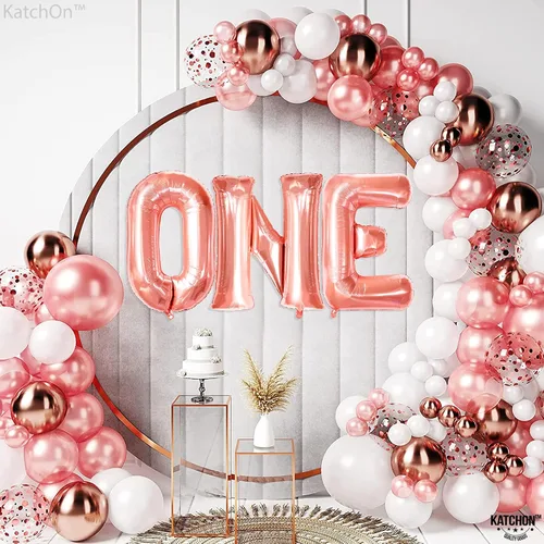 Vista 5 de KatchOn, Globo de oro rosa para el primer cumpleaños, 32 pulgadas, globo de oro rosa, globos número 1 para decoración de primer cumpleaños