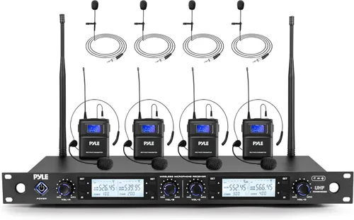 Vista 10 de Pyle Sistema de micrófono inalámbrico UHF de 4 canales con 2 micrófonos de mano, 2 Lavalier 2 auriculares y transmisores de cinturón, rango de 300