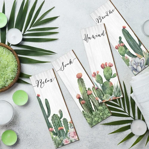 Vista 4 de Amyhill 4 piezas de decoración de pared de cactus Relax Soak Unwind Breathe - Decoración de pared de cactus de madera para colgar en la pared