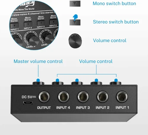 Vista 4 de Moukey Mini Mezclador de Audio, DC 5V, 4 Estéreo Ultra, Mezclador de Línea de 4 Canales de Bajo Ruido para Sub-Mezcla, para Pequeños Clubes o Bares