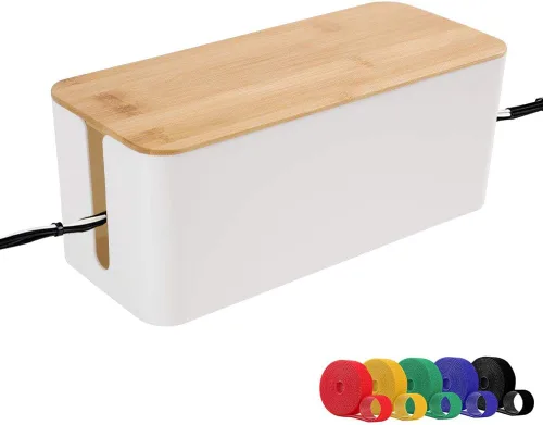 Vista 10 de PowerKing Organizador de cajas de gestión de cables, tapa de bambú, soporte grande para cables de almacenamiento para escritorio, TV, computadora