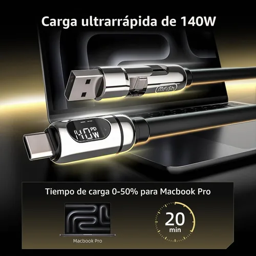 Vista 4 de MFish - Cable USB C a USB C 2 en 1, pantalla de potencia LED, 140 W máximo, 3.93 pies Fast Charging Cord, Dual USB-C Outputs, USB-C/USB-A Input, PD