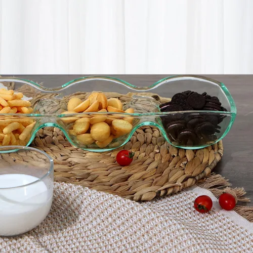 Vista 7 de MDLUU Cuenco de vidrio grueso con triple inmersión, plato grande dividido para servir, servidor de aperitivos de 3 compartimentos