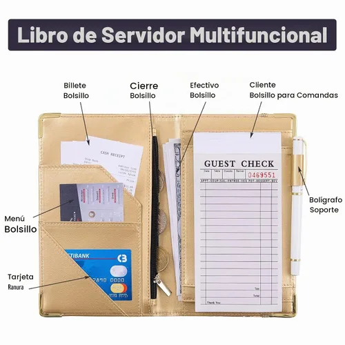 Vista 5 de Bienbee Libreta de servidor, libro de camarera. Libros de servidor para camarera, libro de camarero con bolsillo con cremallera para dinero. Libro