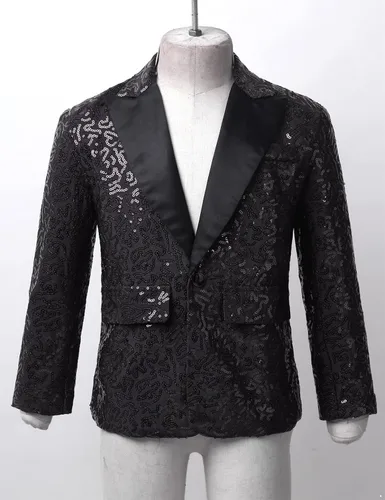 Vista 5 de Kids Boys Shiny Sequins Suit Jacket Wedding Pageant Formal Tuxedo Long Sleeve Coat Party Dance Costumes Negro