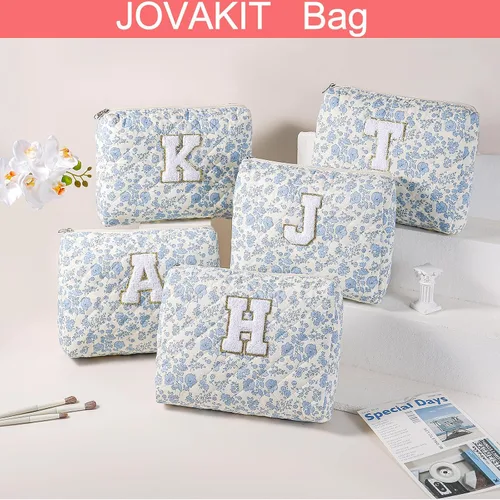 Vista 6 de Bolsa de maquillaje alfabética JOVAKIT, bolsa de cosméticos para mujeres, regalos de Navidad para niñas de 6 a 18 años, neceser de viaje con flores