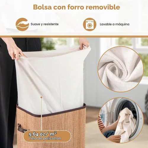 Vista 4 de Cesta de lavandería de bambú Giantex con tapa, cesta grande y alta de 72L para ropa con forro y asas extraíbles, cesta de lavandería rectangular