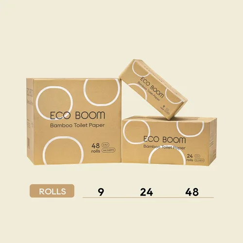 Vista 6 de ECO BOOM Papel higiénico de bambú sin blanquear, 100% libre de deforestación y sin plástico, 3 capas resistentes, certificado FSC, sin fragancia, 9