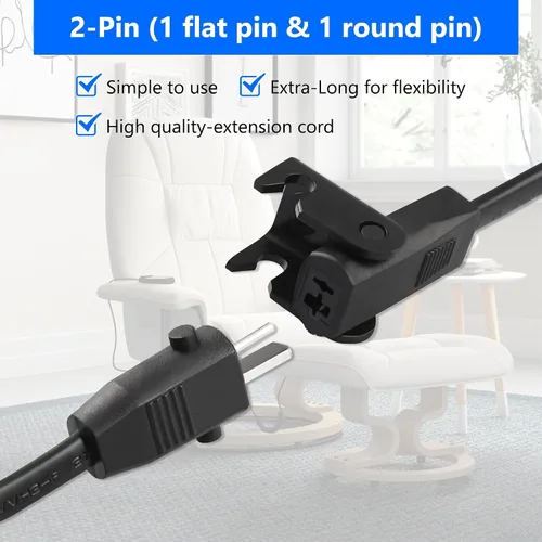 Vista 2 de Cable de alimentación de 6.6 pies para silla reclinable, cable de extensión reclinable eléctrico de 2 pines, piezas de repuesto para sofá