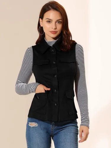 Vista 2 de Allegra K Chaleco de gamuza sintética para mujer, chaqueta sin mangas con botones y bolsillo tipo cargo