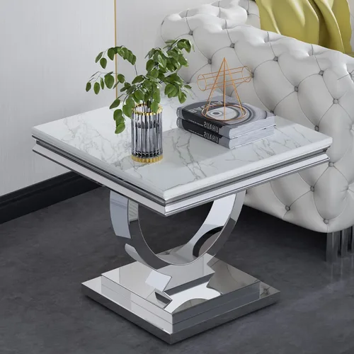 Vista 10 de Mesa auxiliar moderna de mármol sintético, mesa auxiliar de mármol sintético con marco geométrico, mesa central rectangular de mármol, mesa de té