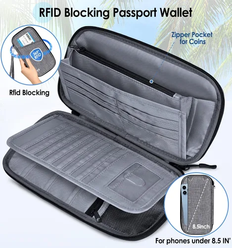 Vista 2 de BKNOOU Soporte para pasaporte familiar, organizador de documentos de viaje con correa cruzada para muñeca, cartera impermeable para pasaporte
