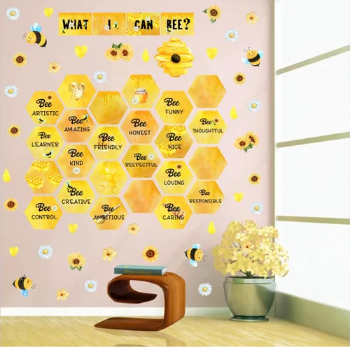 Vista 3 de OLMIXA Calcomanías de pared de miel de abeja de acuarela, cita inspiradora "What I Can Bee", calcomanías de vinilo con frase positiva de verano