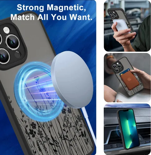 Vista 5 de OOK Funda magnética para iPhone 13 Pro Max [compatible con MagSafe] Funda delgada translúcida mate con flor silvestre negra, protección para lente