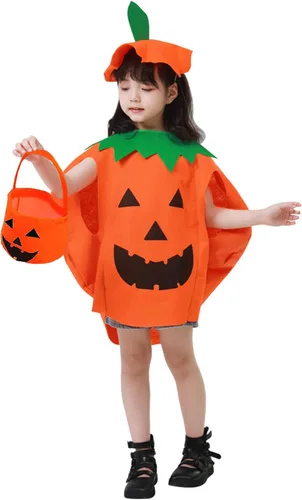Vista 2 de MAXHJX Juego de 3 piezas de disfraz de calabaza de Halloween para niños incluye bolsa de mano de calabaza y sombrero disfraces de fiesta de cosplay