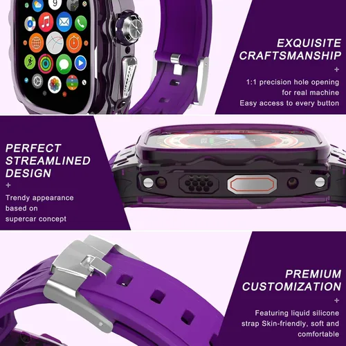 Vista 4 de Estuche de lujo translúcido para Apple Watch Ultra 1/2 de 49 mm, estuche resistente y ligero completamente envuelto con correa, correa de silicona