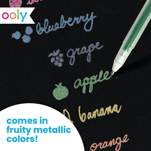 Vista 6 de Ooly Yummy Yummy - Juego de 6 bolígrafos de gel perfumados metálicos, con tinta de gel perfumada afrutada, escribe en papel negro, punta de 0.039